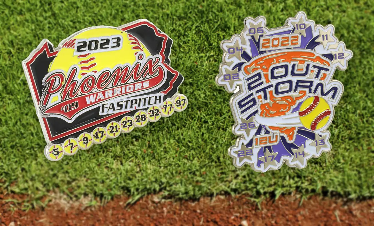 Examples of custom soft enamel, solid metal softball pins.